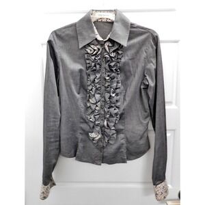 Anne Fontaine Luciole Gray Floral Ruffled Cotton Blouse sz‎ 40